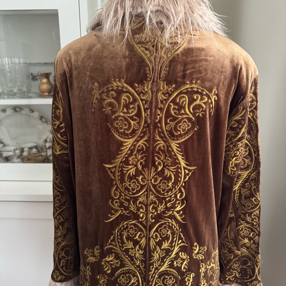 Free People Moon Glow Velvet Coat Jacket Gold Rust Fur Trim Size Large - Picture 10 of 11